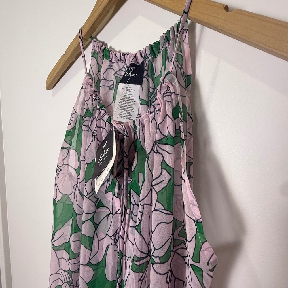 Floral Cover-Up Dress Pink Green Halter Handkerchief Hem Beach Vacation Pool - Picture 2 of 3